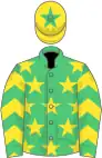 Emerald green, yellow stars, yellow and emerald green chevrons on sleeves, yellow cap, emerald green star