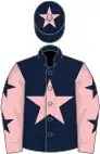 Dark blue, pink star, pink sleeves, dark blue stars, dark blue cap, pink star