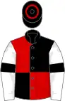 Black and red (quartered), white sleeves, black armlets, black cap, red hoop