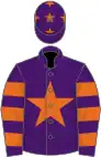 Purple, orange star, hooped sleeves and stars on cap