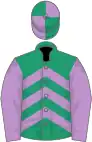 Emerald green, mauve chevrons and sleeves, quartered cap