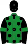 Green, black spots, black sleeves, green armlets, black cap