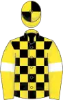 Yellow and black check, yellow sleeves, white armlets, yellow and black quartered cap