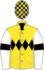 Yellow, black triple diamond, white sleeves, black armlets, black and yellow check cap