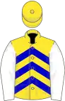 Yellow, blue chevrons, white sleeves, yellow cap