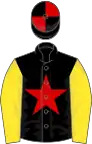 BLACK, red star, yellow sleeves, black and red quartered cap