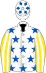 White, royal blue stars, yellow and white striped sleeves, white cap, blue diamonds