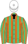 Emerald green and orange stripes, white cap