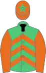 Emerald green and orange chevrons, orange sleeves, orange cap, emerald green star