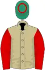 Beige, red sleeves, emerald green cap, red hoop