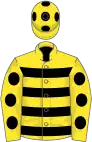 Yellow, black hoops, spots on sleeves and cap