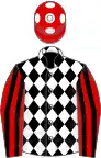 Black and white diamonds, red and black striped sleeves, red cap, white spots