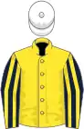 Yellow, dark blue and yellow striped sleeves, white cap