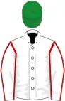 White, red seams on sleeves, green cap