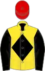 Yellow, black diamond and sleeves, red cap