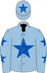 Light blue, royal blue star on body and cap, light blue sleeves, royal blue stars