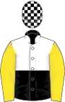 Black and white (halved), yellow sleeves, black and white checked cap