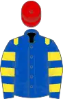 Royal blue, yellow epaulets, hooped sleeves, red cap