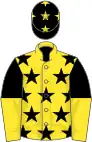 Yellow, black stars, black and yellow halved sleeves, black cap, yellow stars