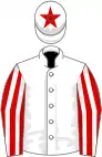 White, red and white striped sleeves, star on cap