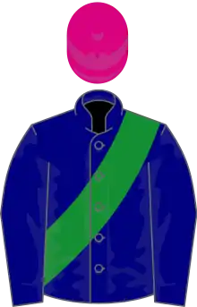 Navy blue, green sash, cerise cap