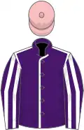 Purple, white seams, striped sleeves, pink cap