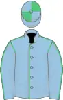 Light blue, emerald green seams, quartered cap