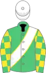 Emerald green, white sash with yellow piping, emerald green and yellow check sleeves, white cap with pompon