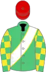 Emerald green, white sash with yellow piping, emerald green and yellow check sleeves, red cap