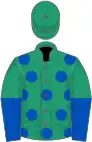 Emerald green, royal blue spots, halved sleeves, emerald green cap