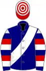 Navy blue, white sash, blue, red and white hooped sleeves, red and white hooped cap