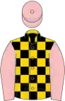 Yellow, black checked, pink sleeves, pink cap