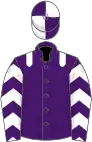 Purple, white epaulets, chevrons on sleeves, quartered cap