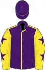 Purple, yellow seams, yellow sleeves, purple stars, purple cap