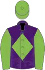 Purple, light green diamond and sleeves, light green cap