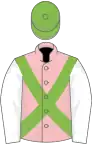 Pink, light green cross sashes, white sleeves, light green cap