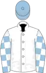 White, light blue and white check sleeves, light blue cap