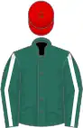 Forest green, white horseshoe, white seams on sleeves, red cap