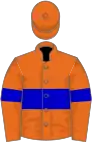 Orange, blue hoop on body and sleeves, orange cap