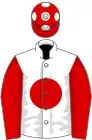 White, red disc and sleeves, red cap, white spots