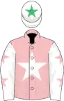 Pink, white star, white sleeves, pink stars, white cap, emerald green star