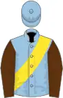 Light blue, yellow sash, brown sleeves