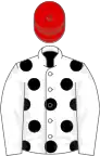 White, black spots on body, red cap