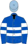 Royal blue, two white hoops, two white armlets, light blue cap