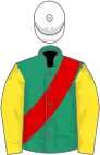 Emerald green, red sash, yellow sleeves, white cap