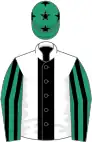 White, black panel, emerald green and black striped sleeves, emerald green cap, black stars