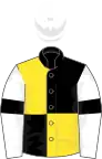 Black and yellow (quartered), white sleeves, black armlets, white cap