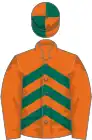 Orange, dark green chevrons, orange sleeves, quartered cap