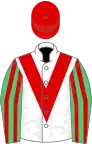 White, red chevron, emerald green and red striped sleeves, red cap