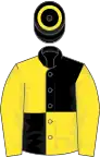 BLACK and YELLOW QUARTERED, yellow sleeves, black cap with yellow hoop